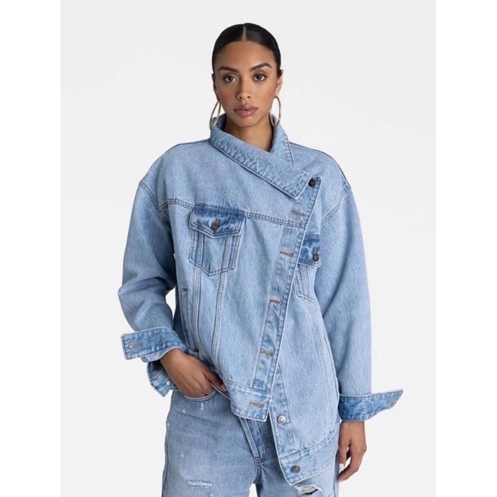 KBB by Kahlana Denim Jacket Asymmetrical Button Front Women's S Light Blue